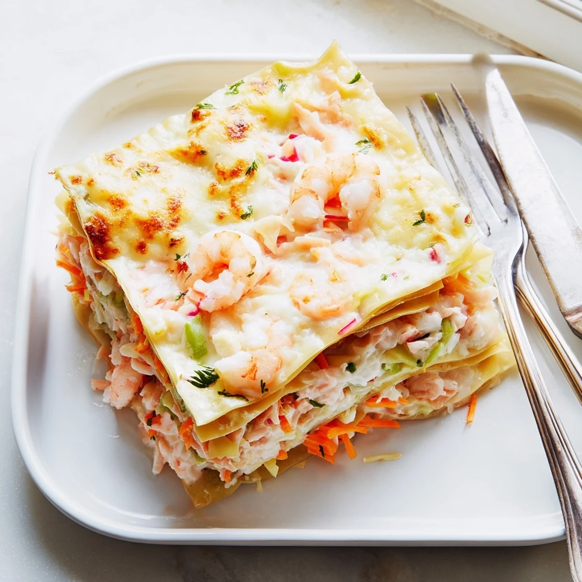 Sliced shrimp dumpling lasagna revealing tender shrimp vegetable layers between soft pasta-like sheets