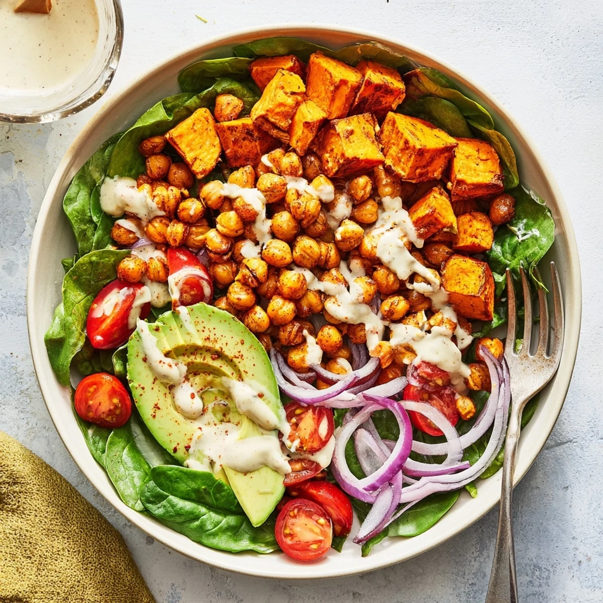 Golden roasted sweet potato bowl featuring crispy chickpeas avocado slices and vibrant tahini sauce for a nourishing meal