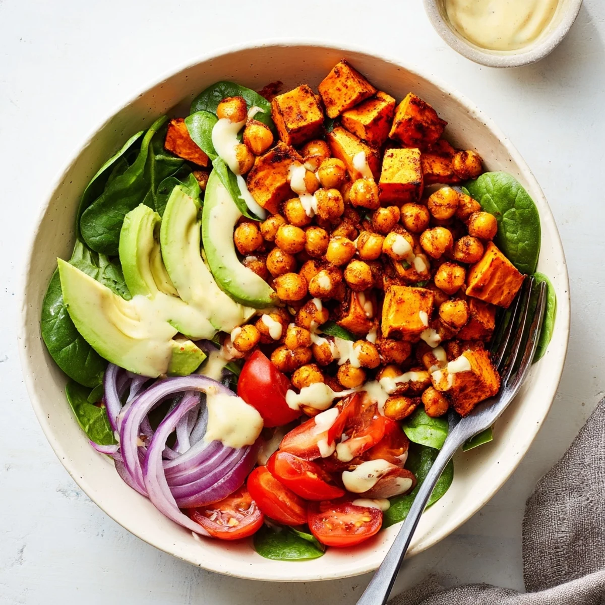 Hearty sweet potato bowl arranged with spinach cherry tomatoes and protein-rich chickpeas topped with luscious tahini dressing