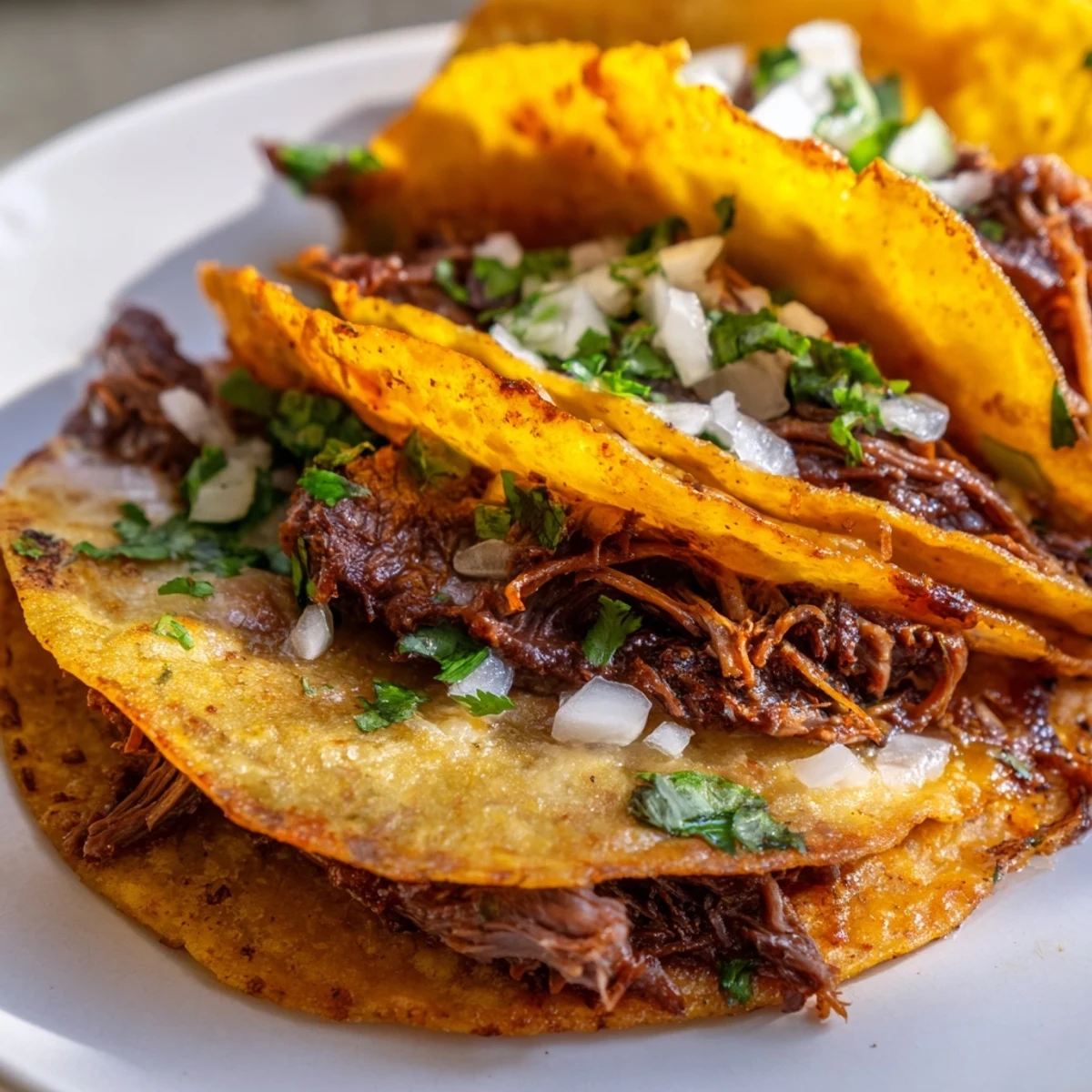 Pan-fried Mexican birria tacos served with warm spiced consommé for rich dipping