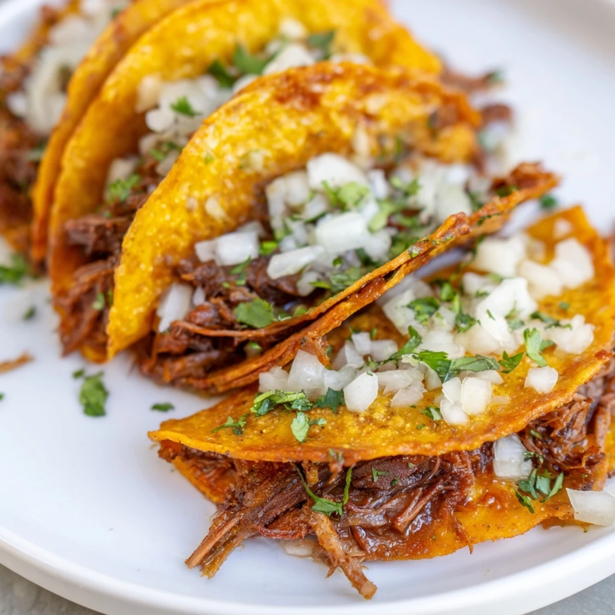Crispy beef birria tacos garnished with fresh cilantro, onion, and lime wedges