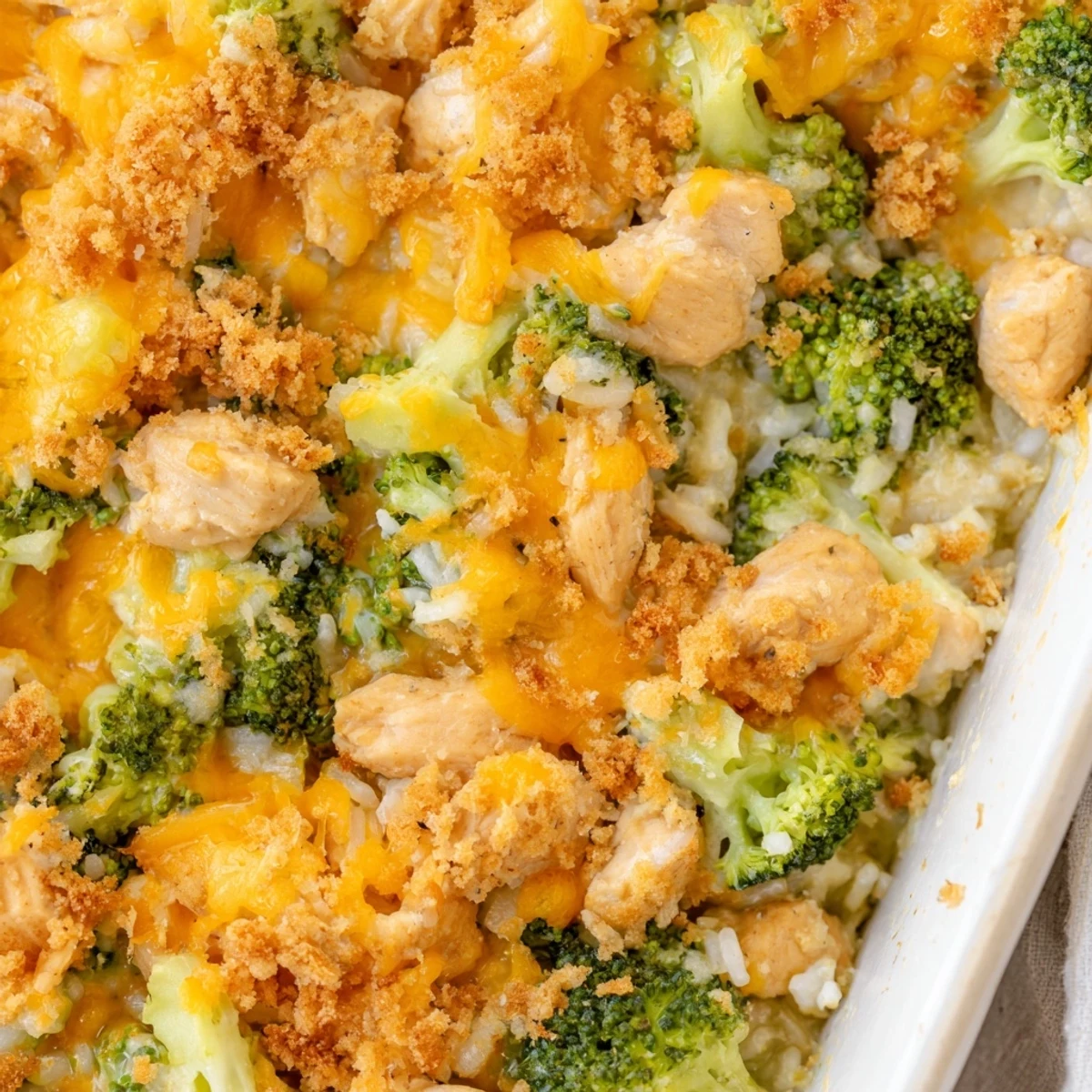 Golden bubbling chicken broccoli rice cheese casserole topped with crispy buttered panko breadcrumbs in a baking dish