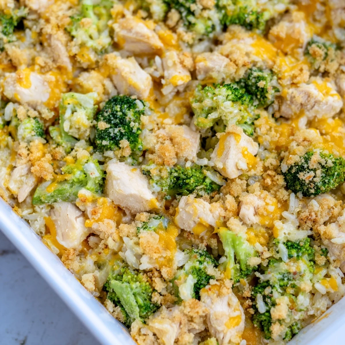 Creamy chicken broccoli rice cheese casserole featuring tender chicken pieces and fresh green broccoli florets in melted cheddar