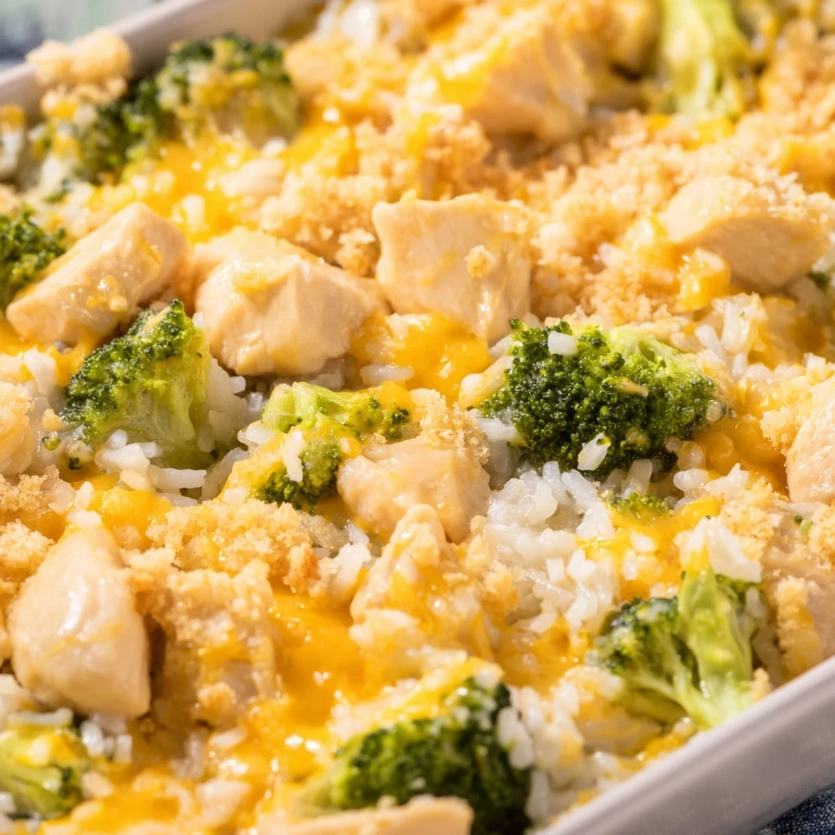 Spoonful of homemade chicken broccoli rice cheese casserole showing the creamy cheesy sauce with fluffy rice and vegetables