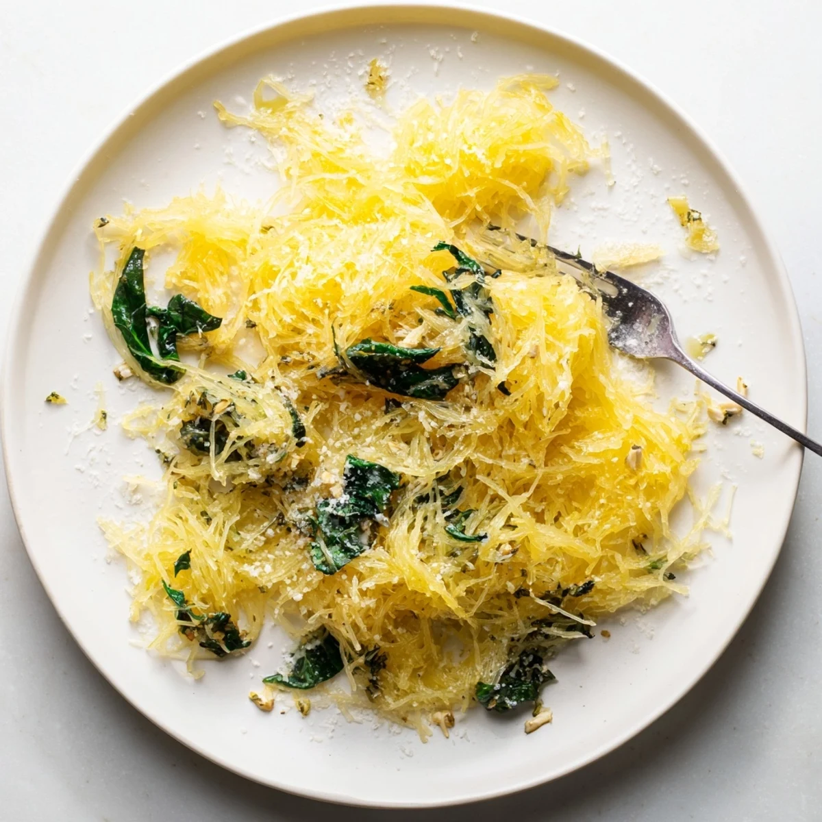 Creamy low-carb Boursin spaghetti squash strands topped with Parmesan and wilted green spinach