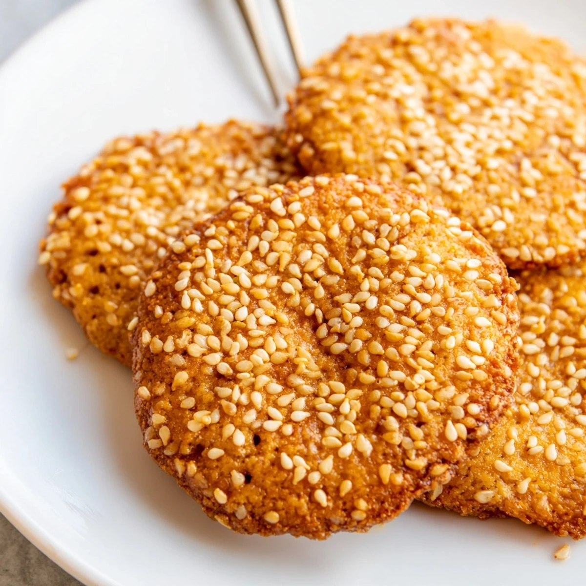 Stack of homemade easy chewy sesame honey cookies with soft centers and crispy golden edges
