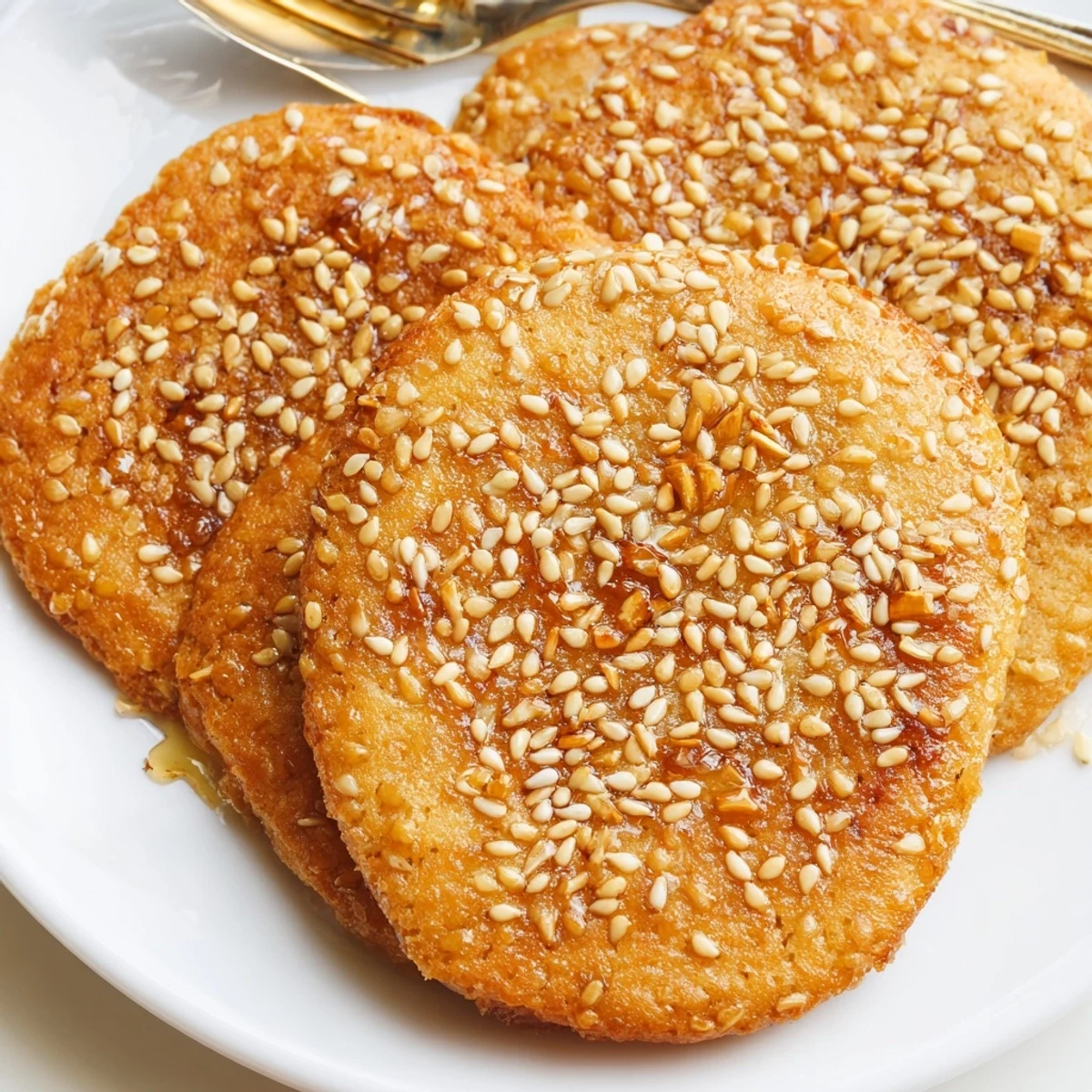 Close up of easy chewy sesame honey cookies showing nutty sesame coating and honey glazed surface
