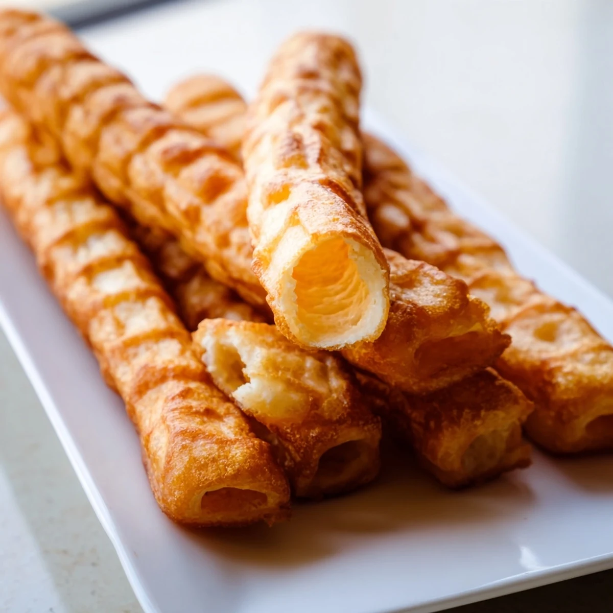 Golden fried Youtiao Chinese doughnuts arranged on a wire rack after deep frying