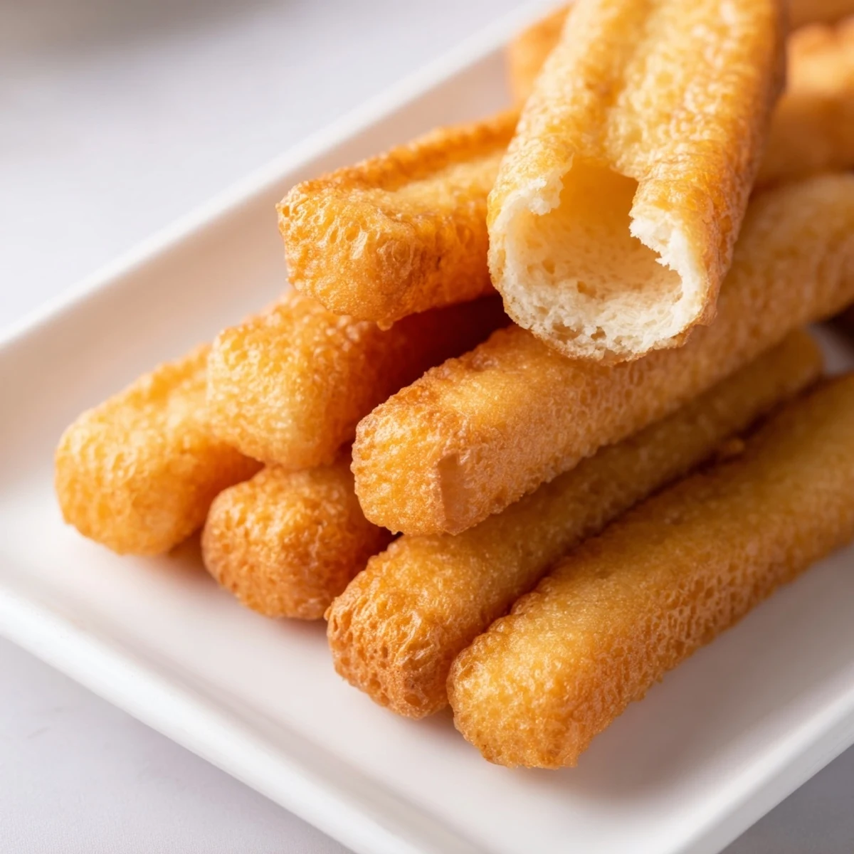 Traditional Chinese Youtiao breakfast bread served warm with soy milk for dipping