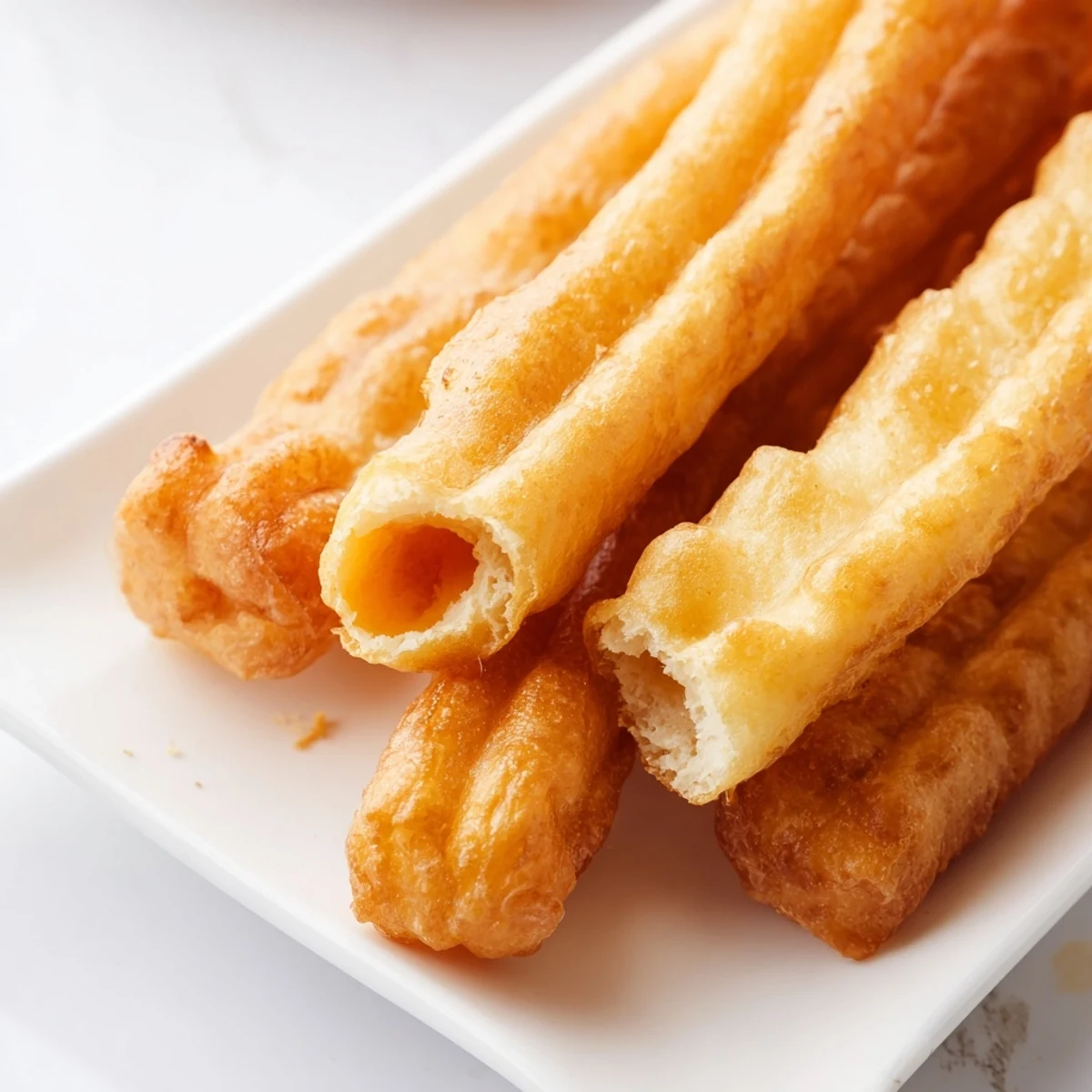 Pair of crispy hollow Youtiao sticks being stretched before frying in hot oil