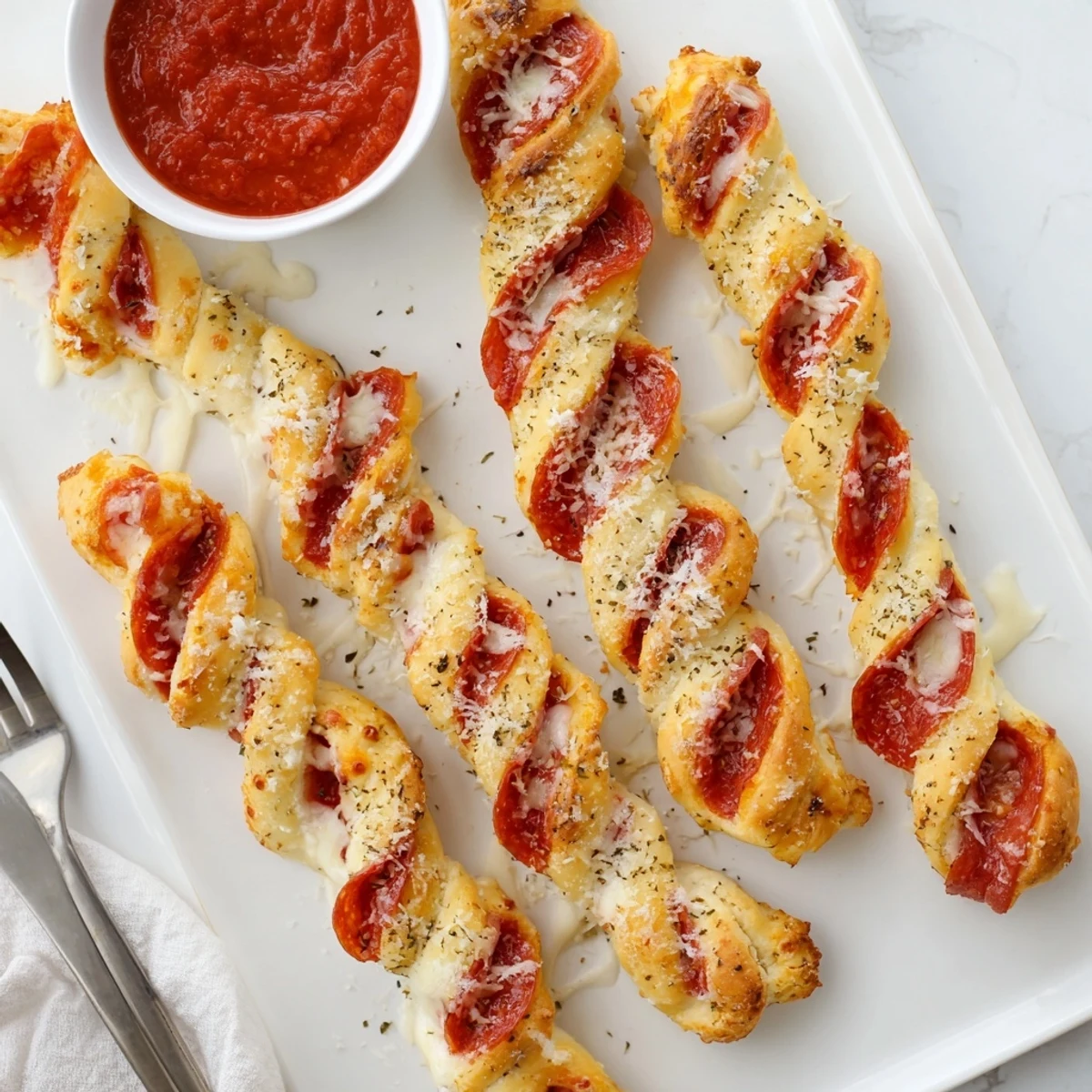 Soft twisted breadsticks shaped like festive candy canes with garlicky butter and cheese