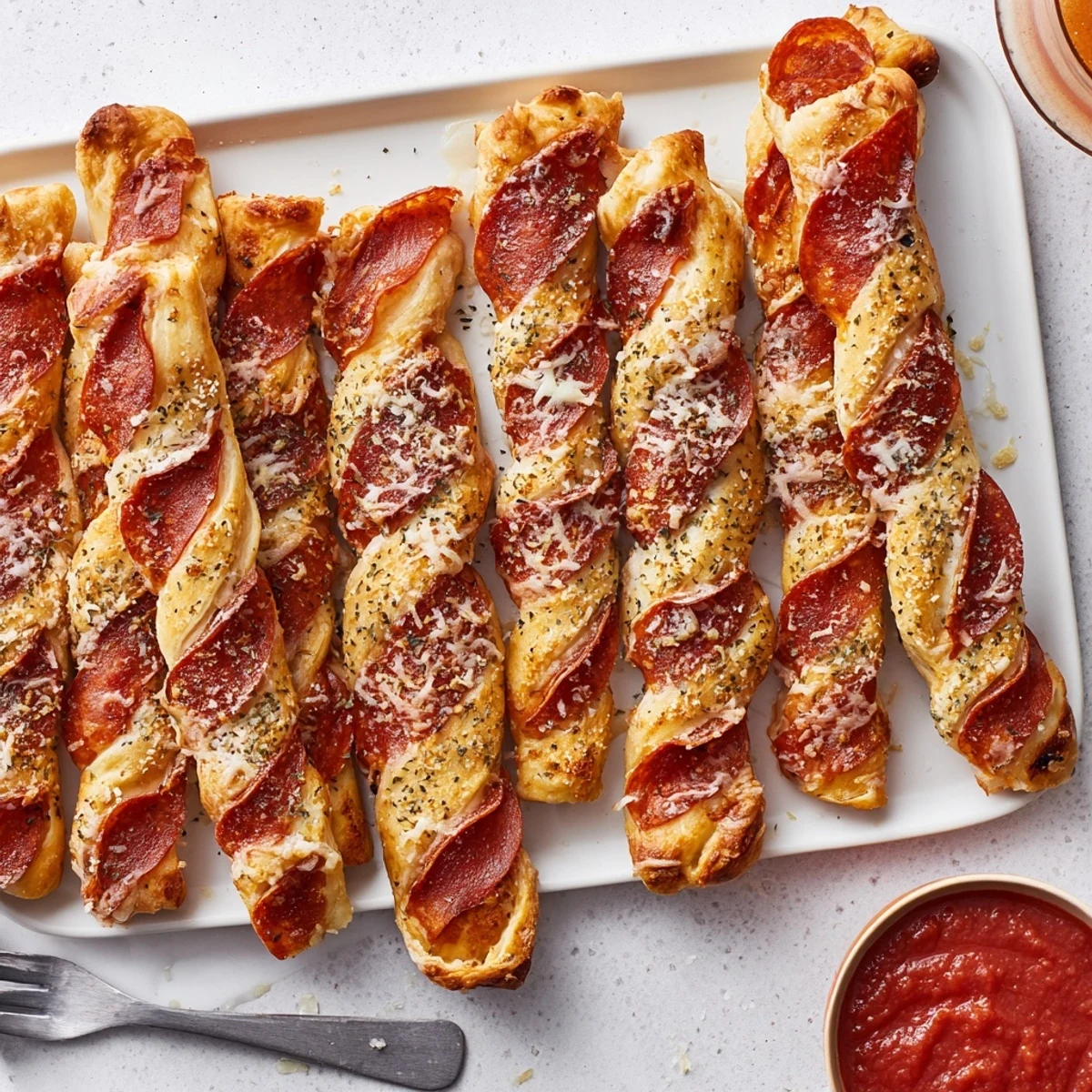 Golden candy cane pizza breadsticks topped with melted mozzarella and pepperoni stripes