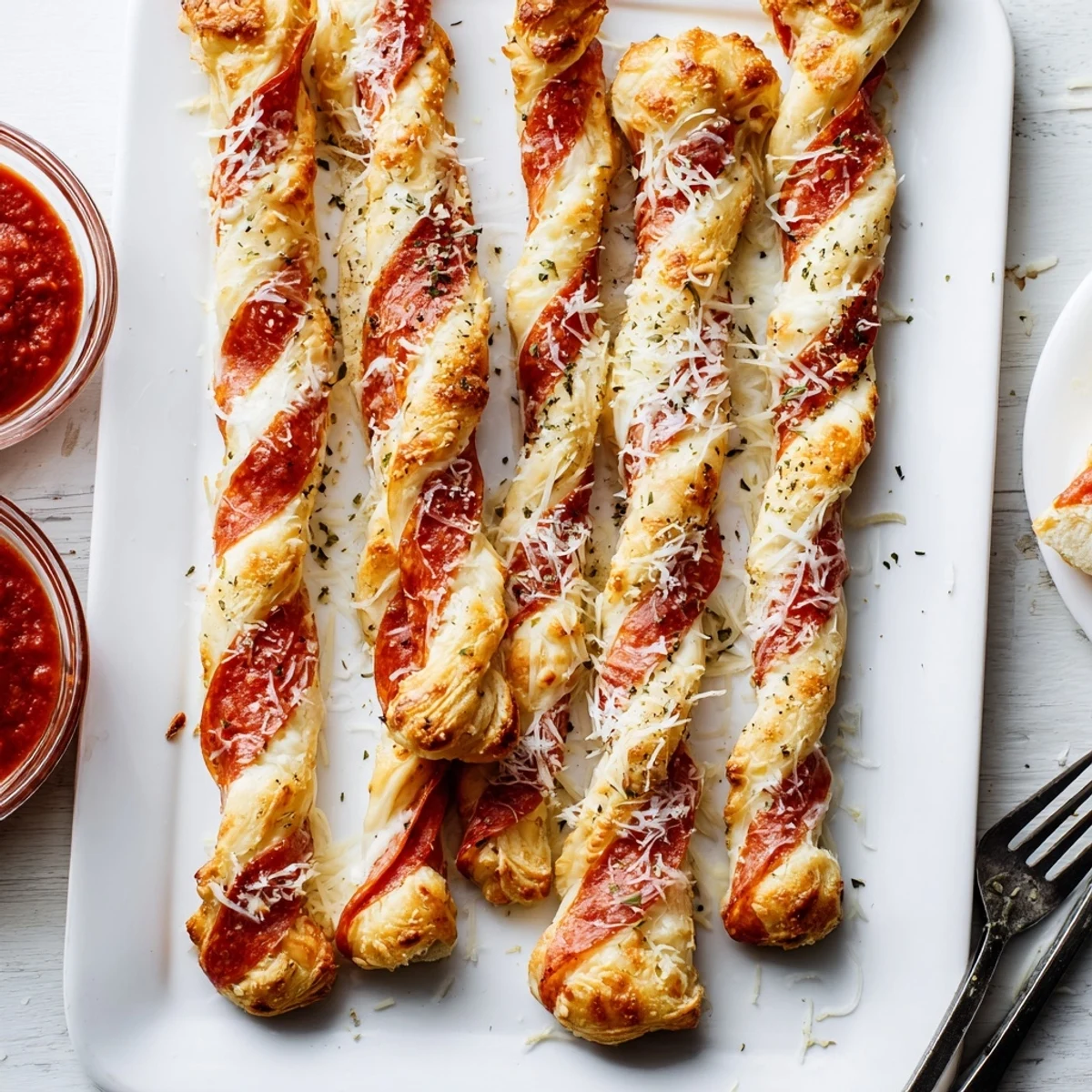 Holiday pizza breadsticks brushed with garlic butter and sprinkled with pepperoni and herbs