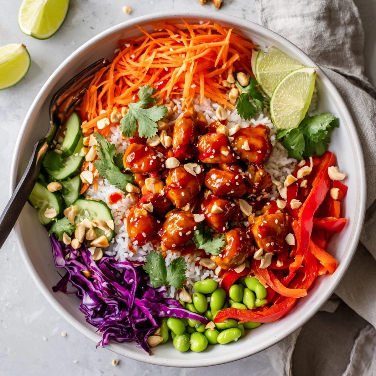 Vibrant Thai sweet chili chicken Buddha bowl with glazed chicken over jasmine rice and colorful crisp vegetables