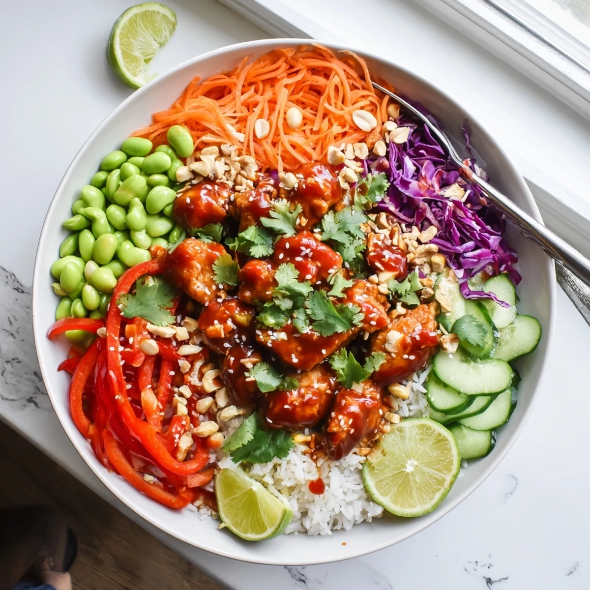 Golden chicken pieces coated in spicy sweet chili sauce atop a bed of fluffy jasmine rice with fresh veggies