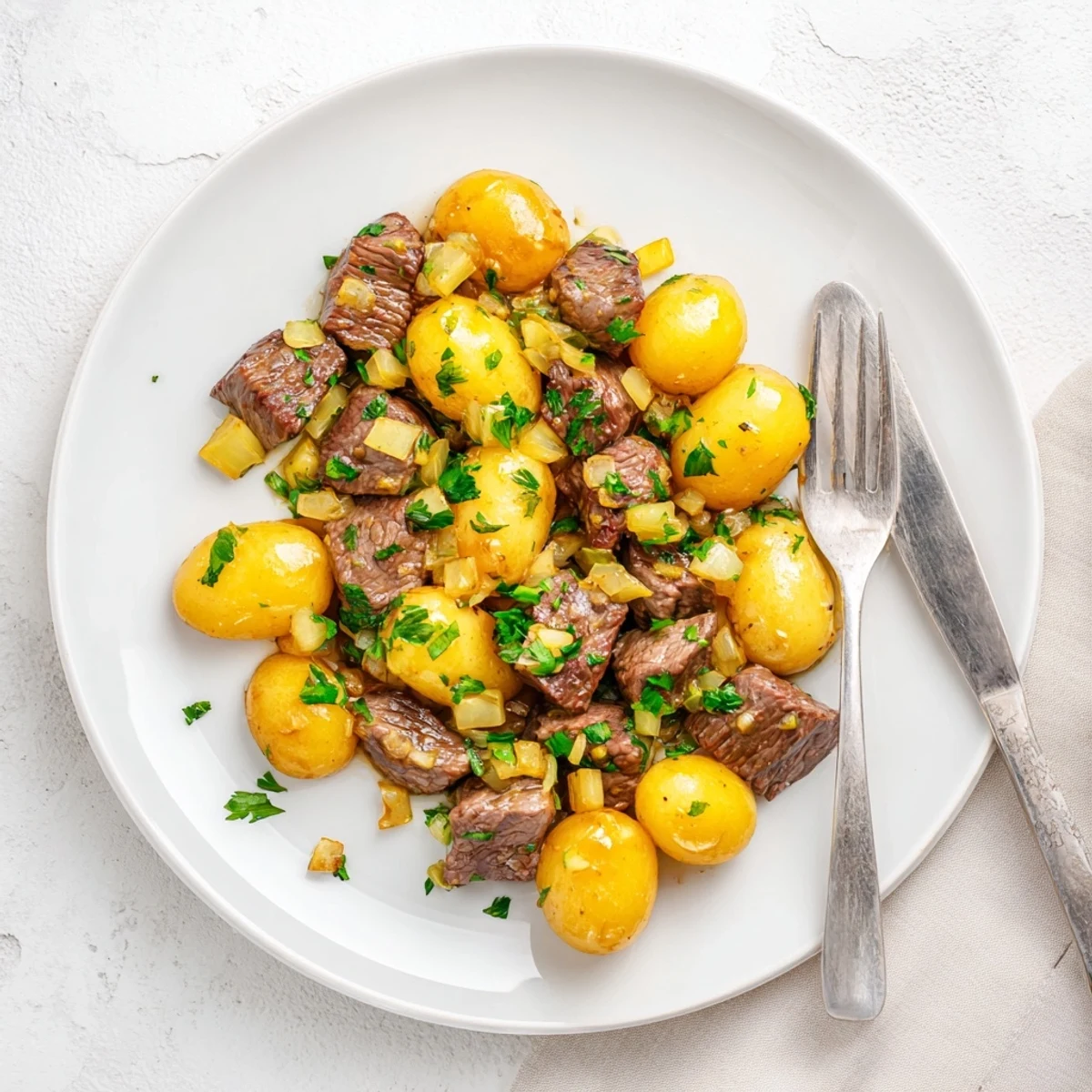 Golden brown steak bites and tender baby potatoes coated in rich garlic butter sauce