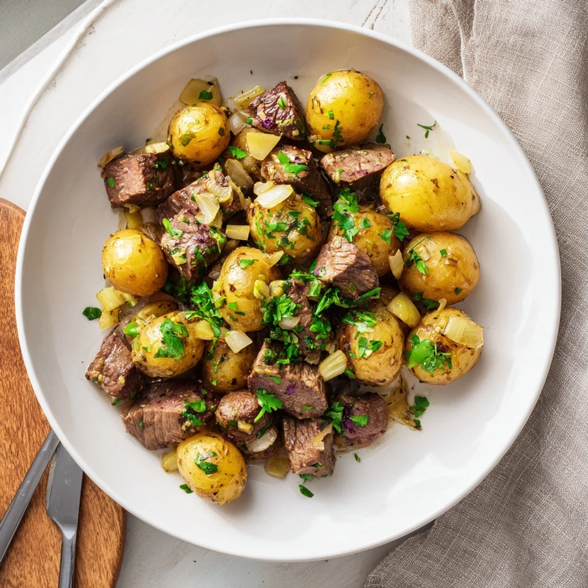 Slow cooker garlic butter steak bites with potatoes garnished with fresh chopped parsley