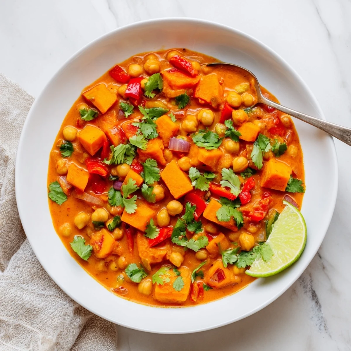 Creamy chickpea and sweet potato curry simmered in spiced coconut tomato sauce with fresh cilantro garnish.