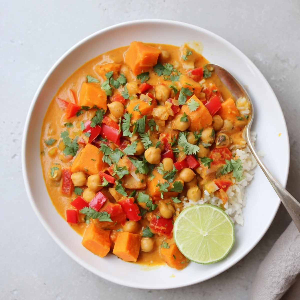 Hearty bowl of chickpea and sweet potato curry served over fluffy white rice with lime wedges.