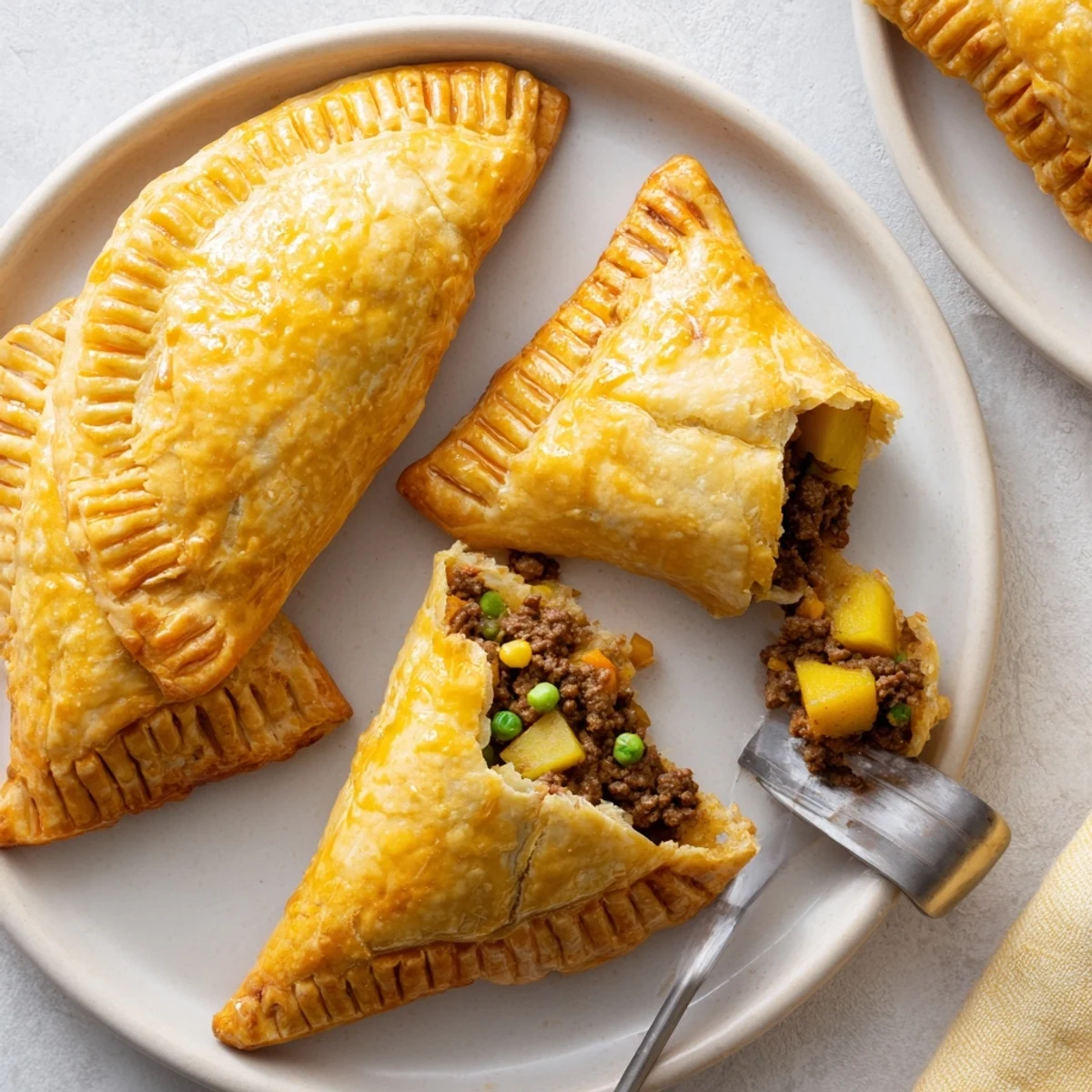 Handheld curry puffs with beef show tender spiced beef nestled inside buttery layered pastry
