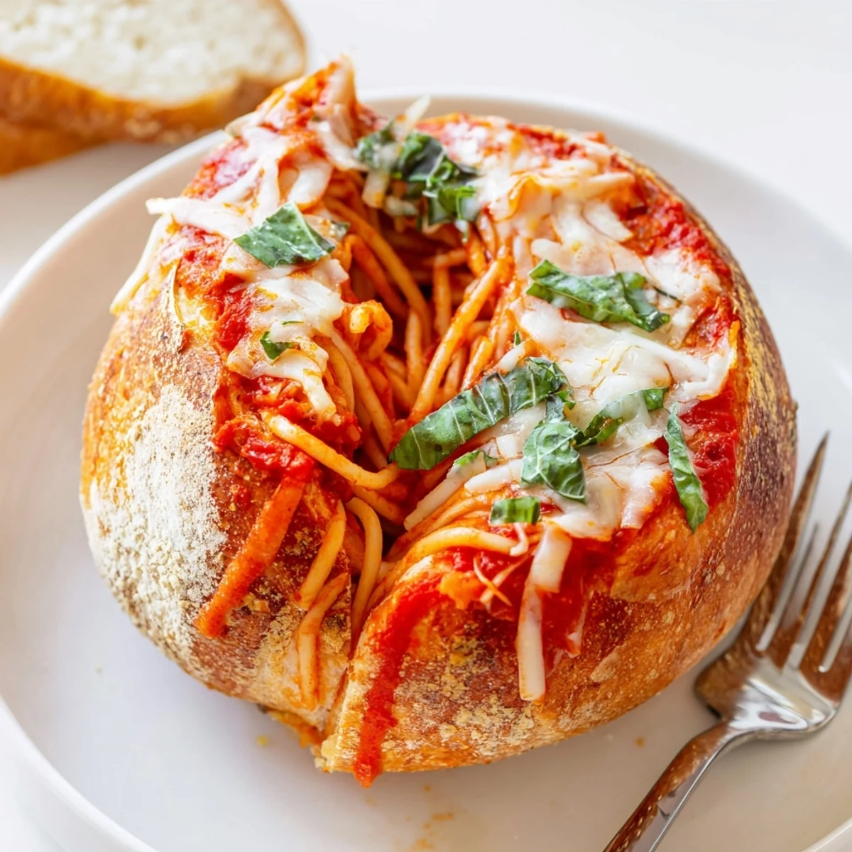 Golden crispy garlic bread bowl filled with savory spaghetti and marinara sauce on a white plate.