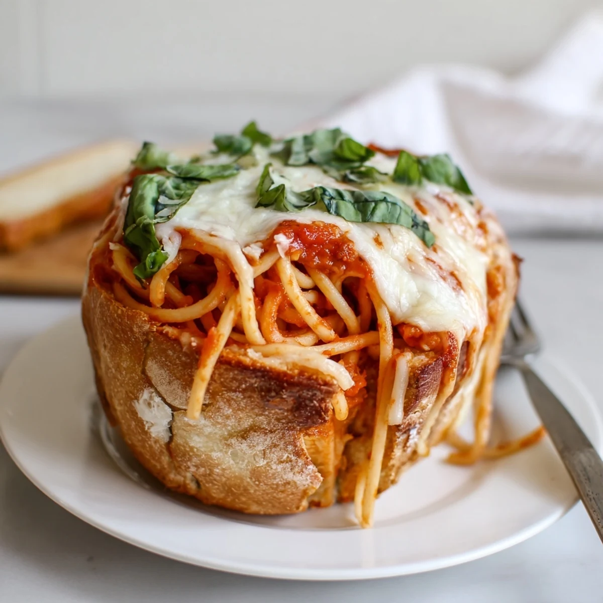 Close-up of easy spaghetti garlic bread bowls topped with melted mozzarella and fresh green basil garnish.