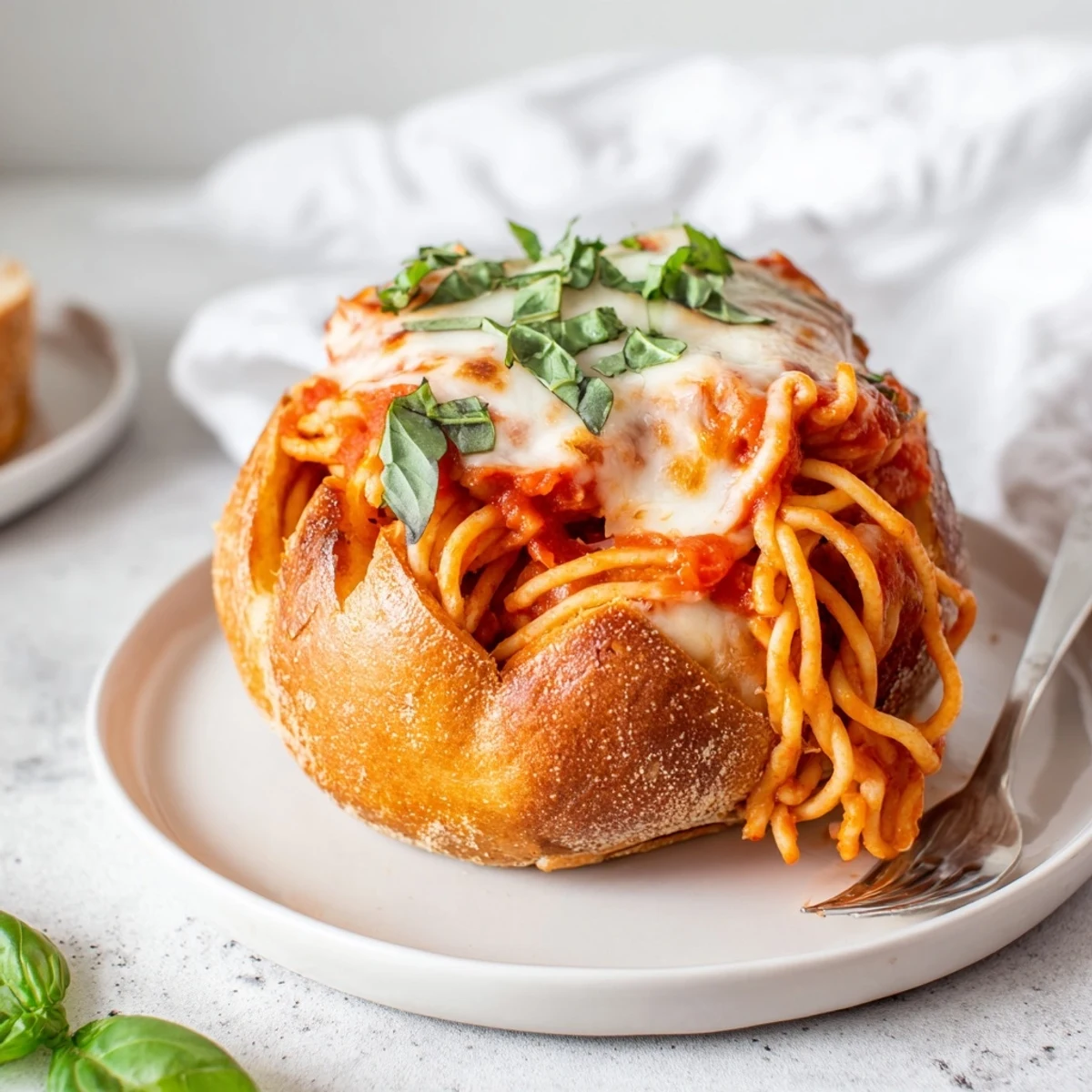 Italian-American dinner featuring hollowed sourdough bread overflowing with pasta and tomato sauce on rustic wooden table.