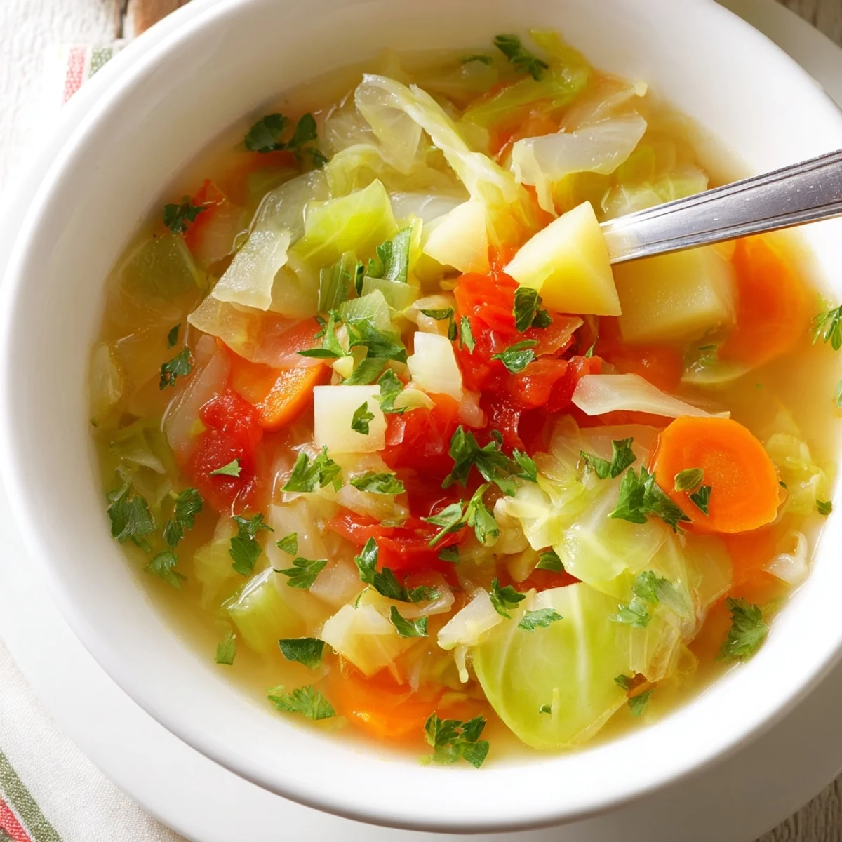 Steamy bowl of hearty cabbage soup loaded with tender vegetables and fragrant herbs in a white ceramic bowl