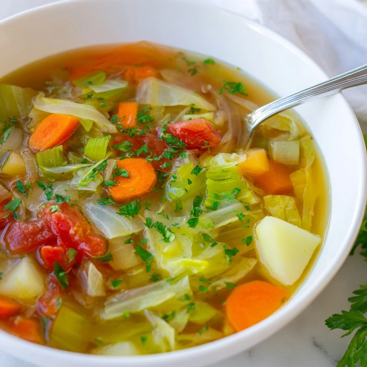 Comforting homemade cabbage soup featuring colorful chunks of vegetables garnished with fresh parsley