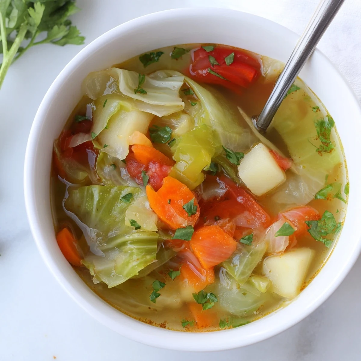 Vibrant green cabbage soup simmered with carrots, celery, and tomatoes in a rich vegetable broth