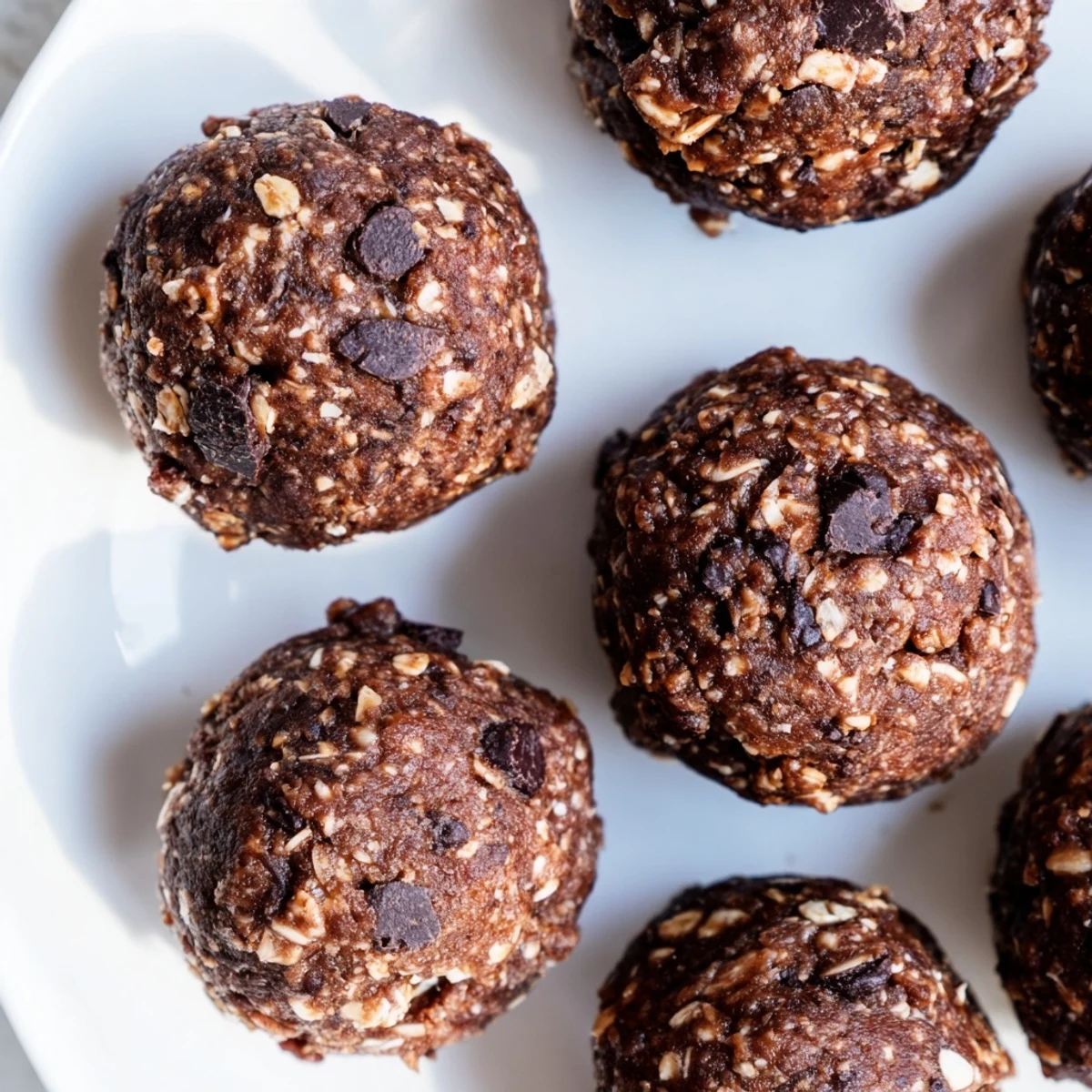 No bake chocolate peanut butter protein balls rolled in oats with melted chocolate chips drizzled on top