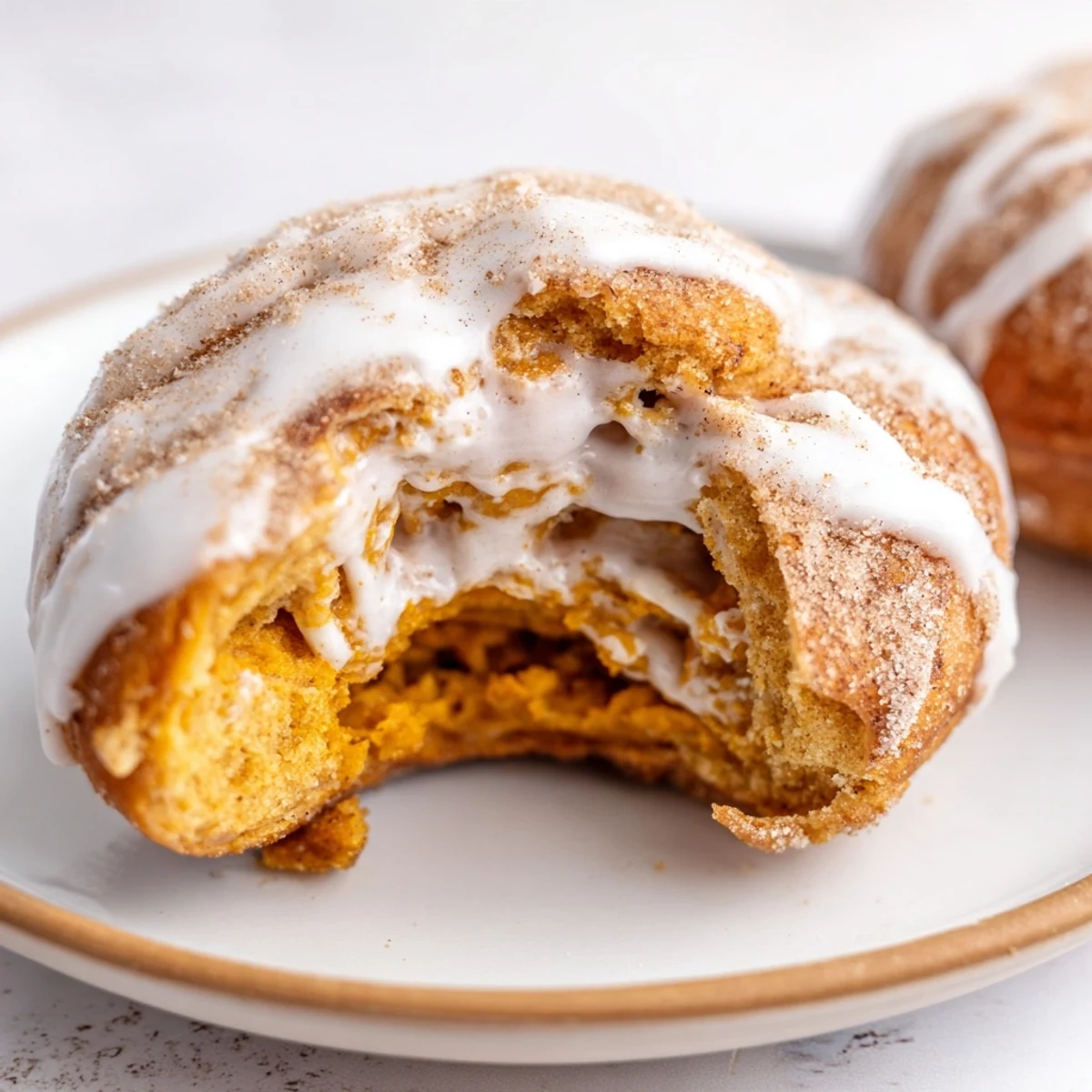Pumpkin spice biscuit donuts freshly fried and dusted with cinnamon sugar on white plate