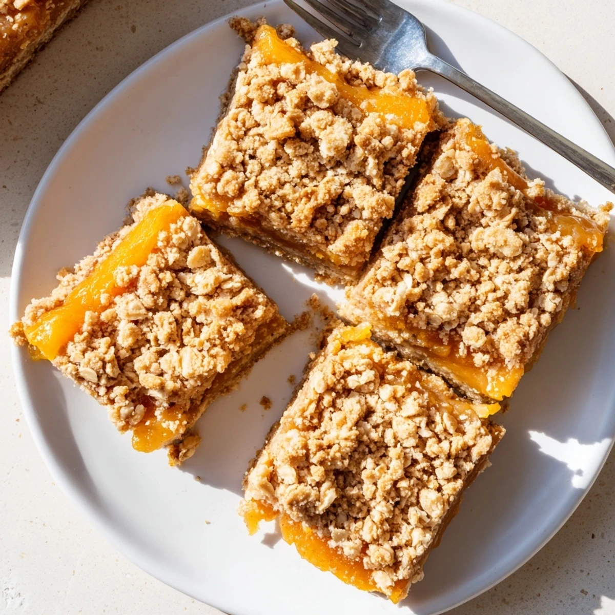 Golden gluten-free oatmeal apricot bars with chewy dried fruit and crumbly oat topping