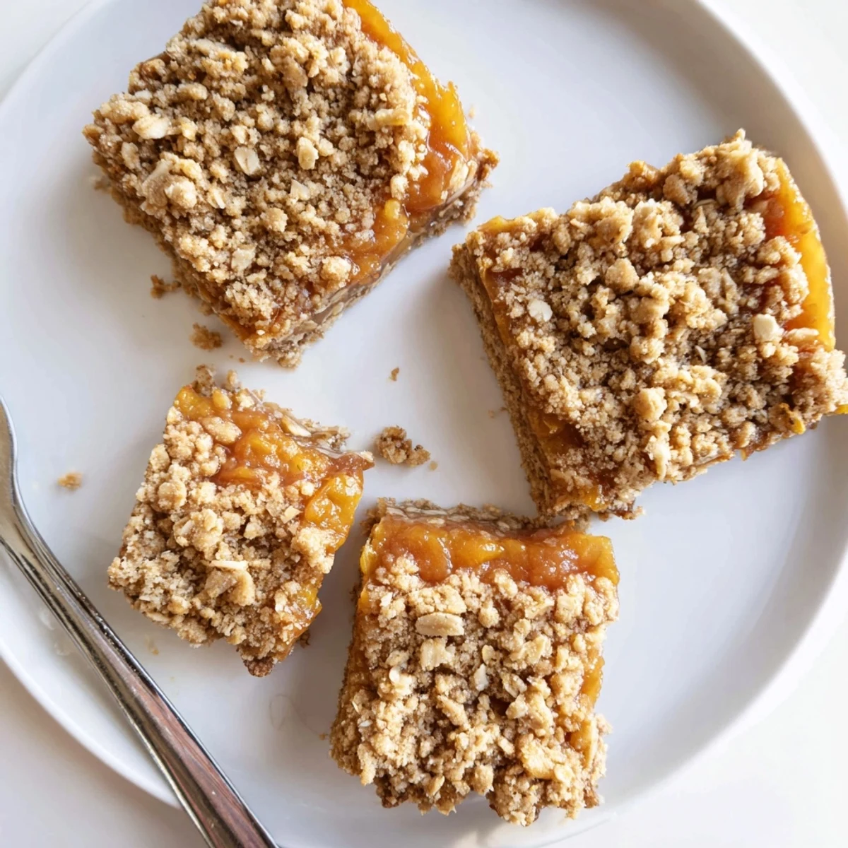 Freshly baked gluten-free oatmeal apricot bars cut into squares with tender fruit center