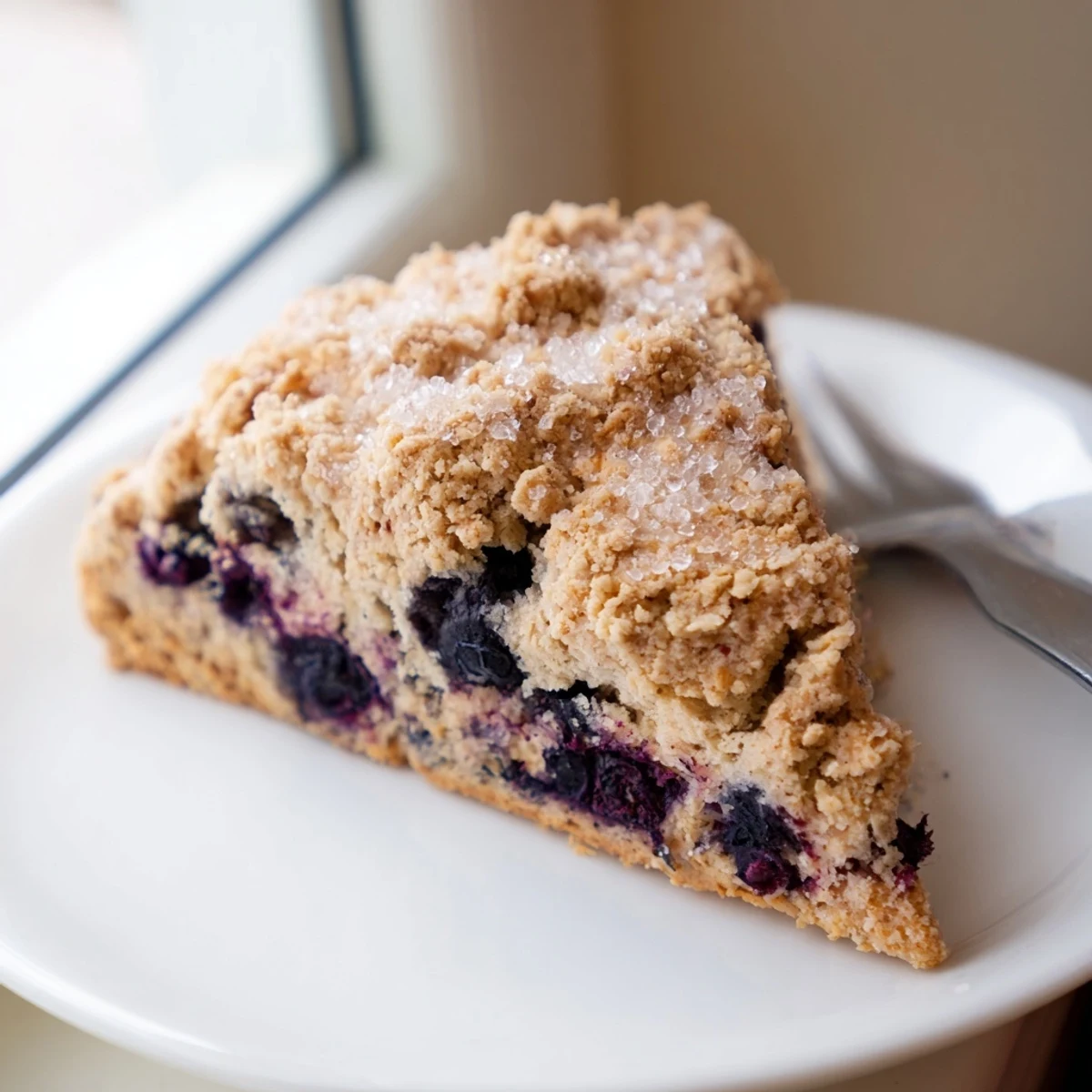 Golden Vietnamese cinnamon blueberry scones studded with juicy berries on a white baking sheet