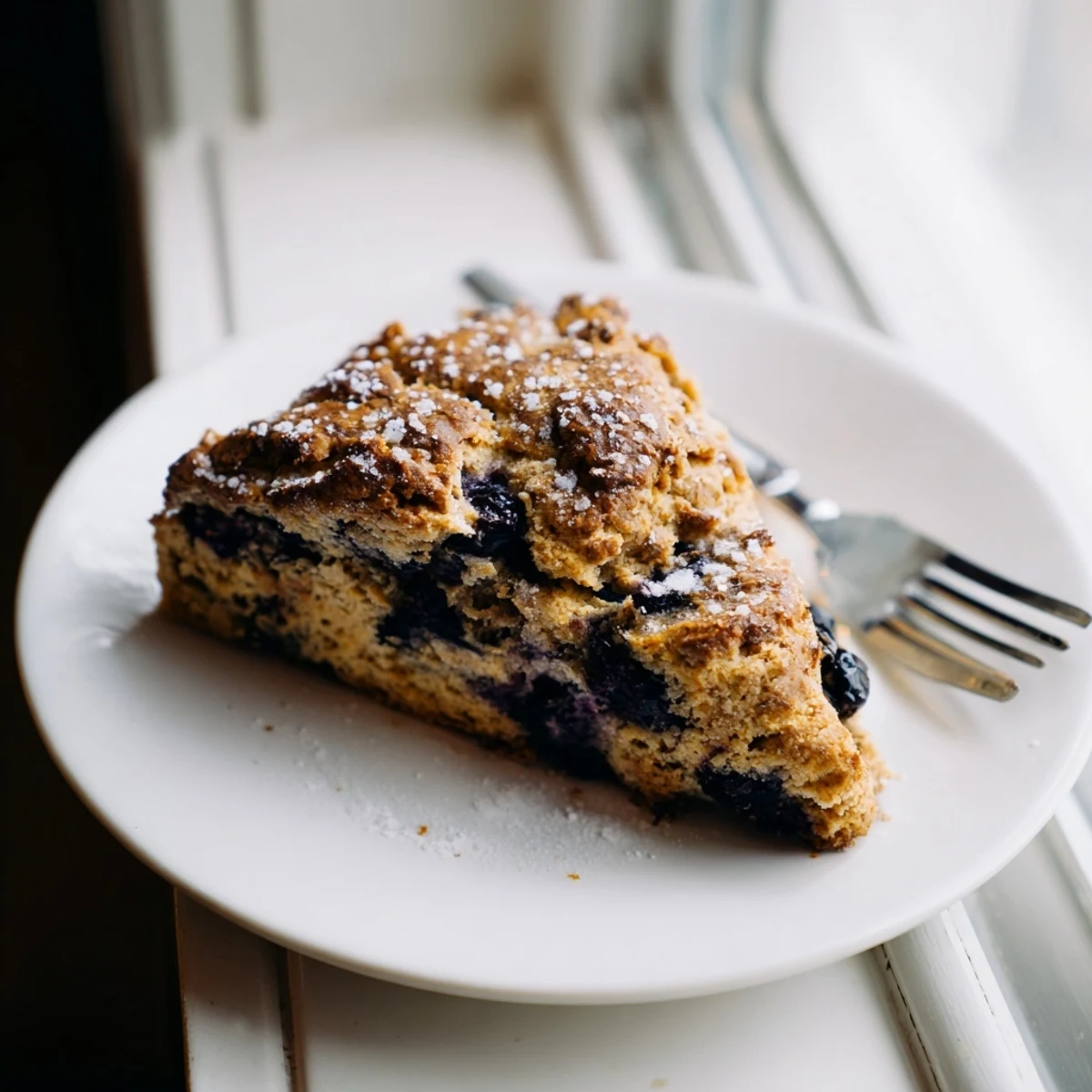 Flaky triangular Vietnamese cinnamon blueberry scones with purple berry streaks on parchment paper