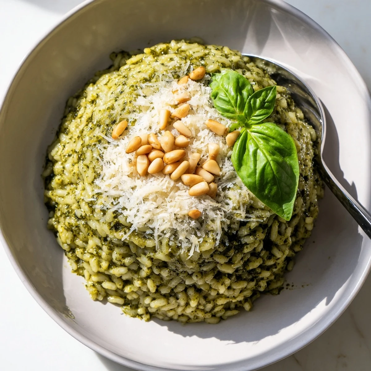 Creamy Parmesan pesto risotto topped with fresh basil leaves in a white bowl