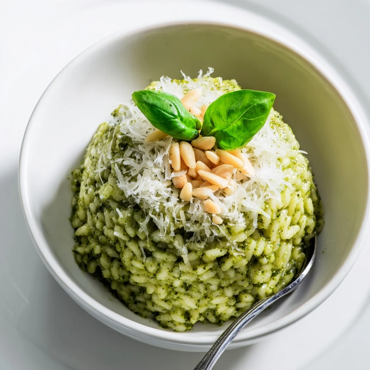 Steaming plate of Parmesan pesto risotto garnished with toasted pine nuts and extra cheese