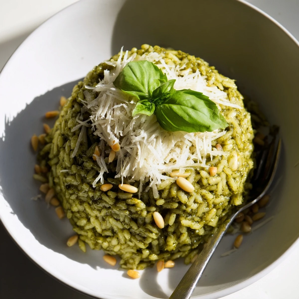 Close up of Parmesan pesto risotto showing vibrant green swirls and rich Italian textures