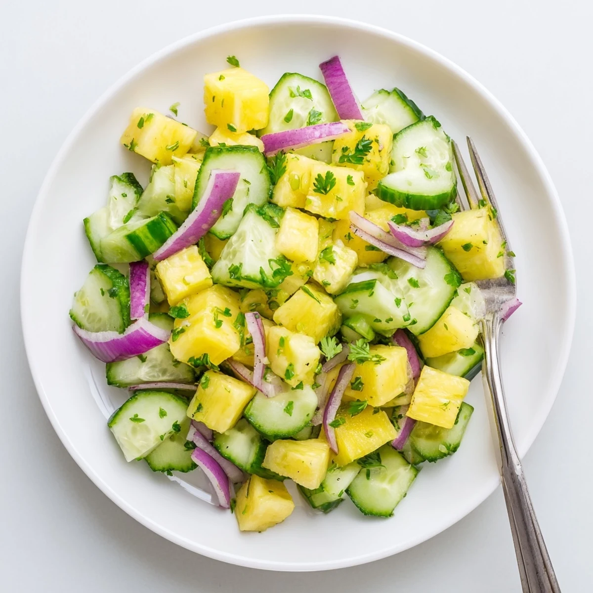 Fresh pineapple cucumber salad bowl with vibrant green cilantro and zesty lime dressing glistening
