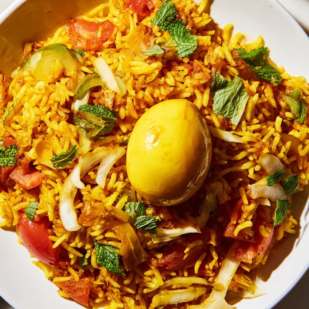 Aromatic layered tomato ginger biryani garnished with fresh herbs and lemon wedges