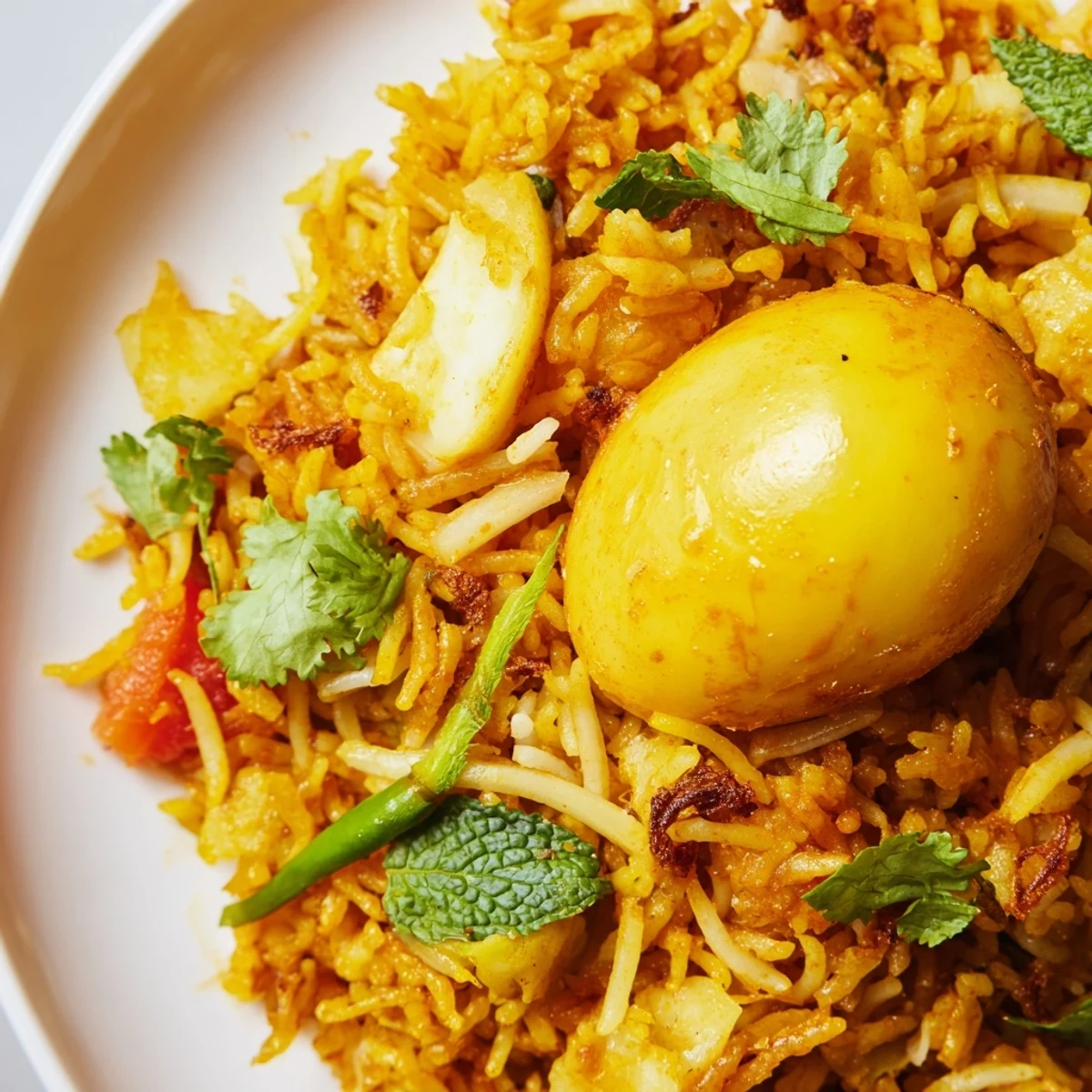 Golden tomato and ginger biryani with fluffy rice and perfectly cooked eggs