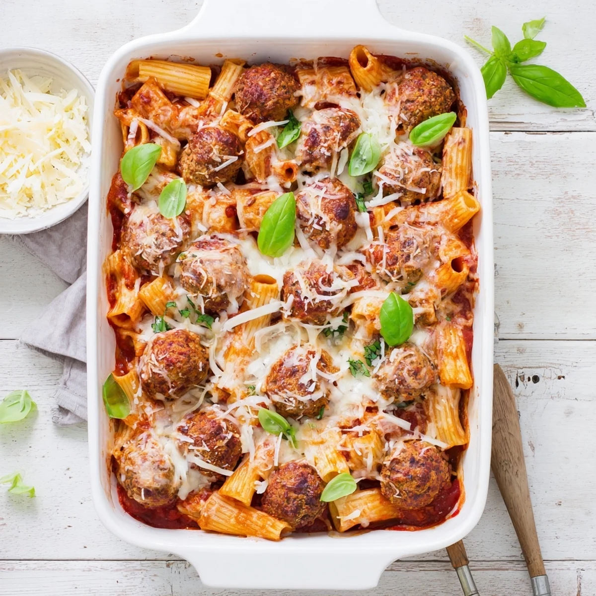 Golden bubbling Italian meatball pasta bake with melted mozzarella and tomato sauce