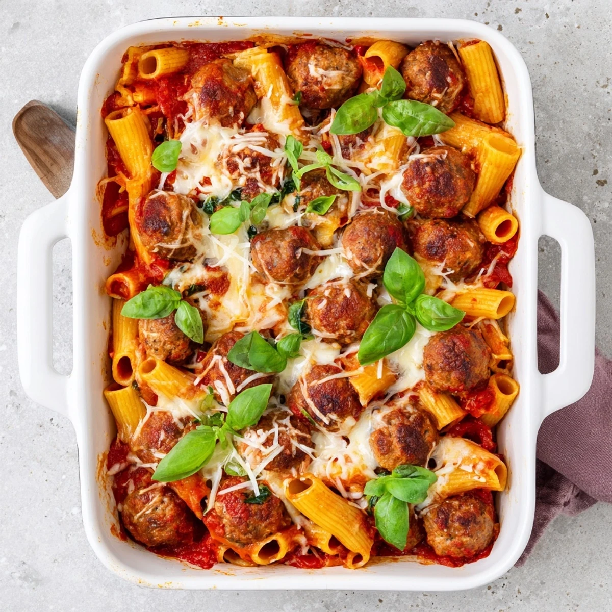 Family-style Italian meatball pasta bake topped with melted cheese and fresh basil garnish