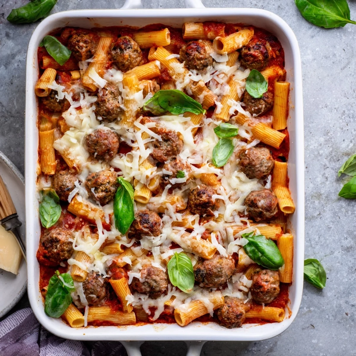 Hearty Italian meatball pasta bake featuring tender beef meatballs in rich tomato sauce