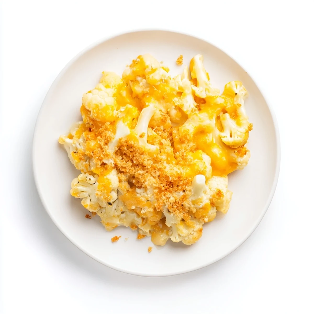 Creamy cheesy cauliflower mac and cheese pasta casserole with bread crumb garnish