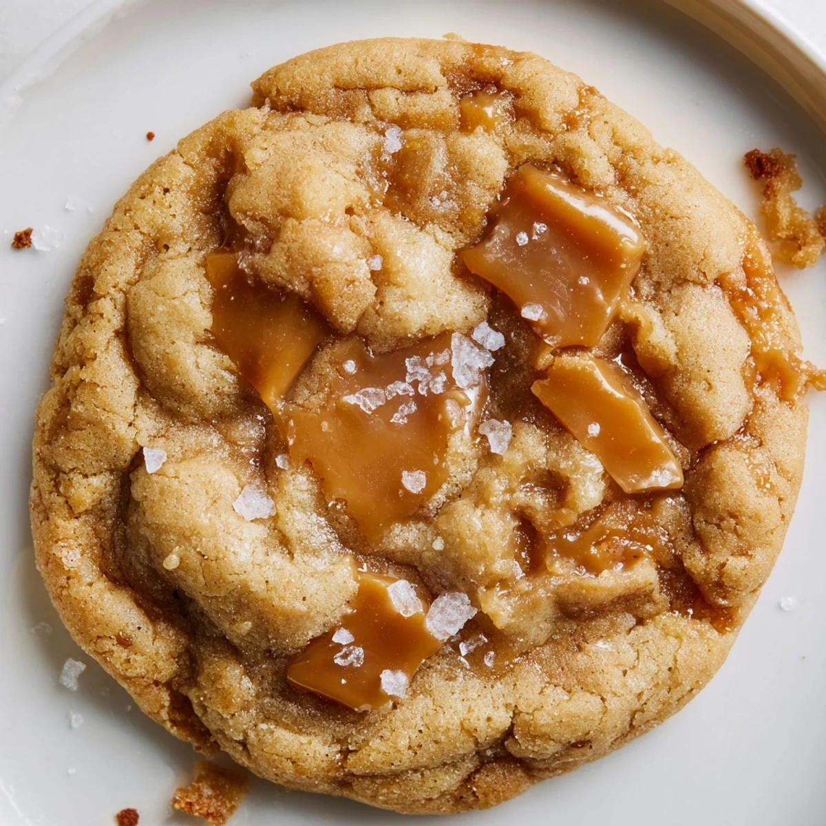 Chewy buttery sea salt caramel cookies fresh from the oven with gooey caramel centers and crunchy sea salt