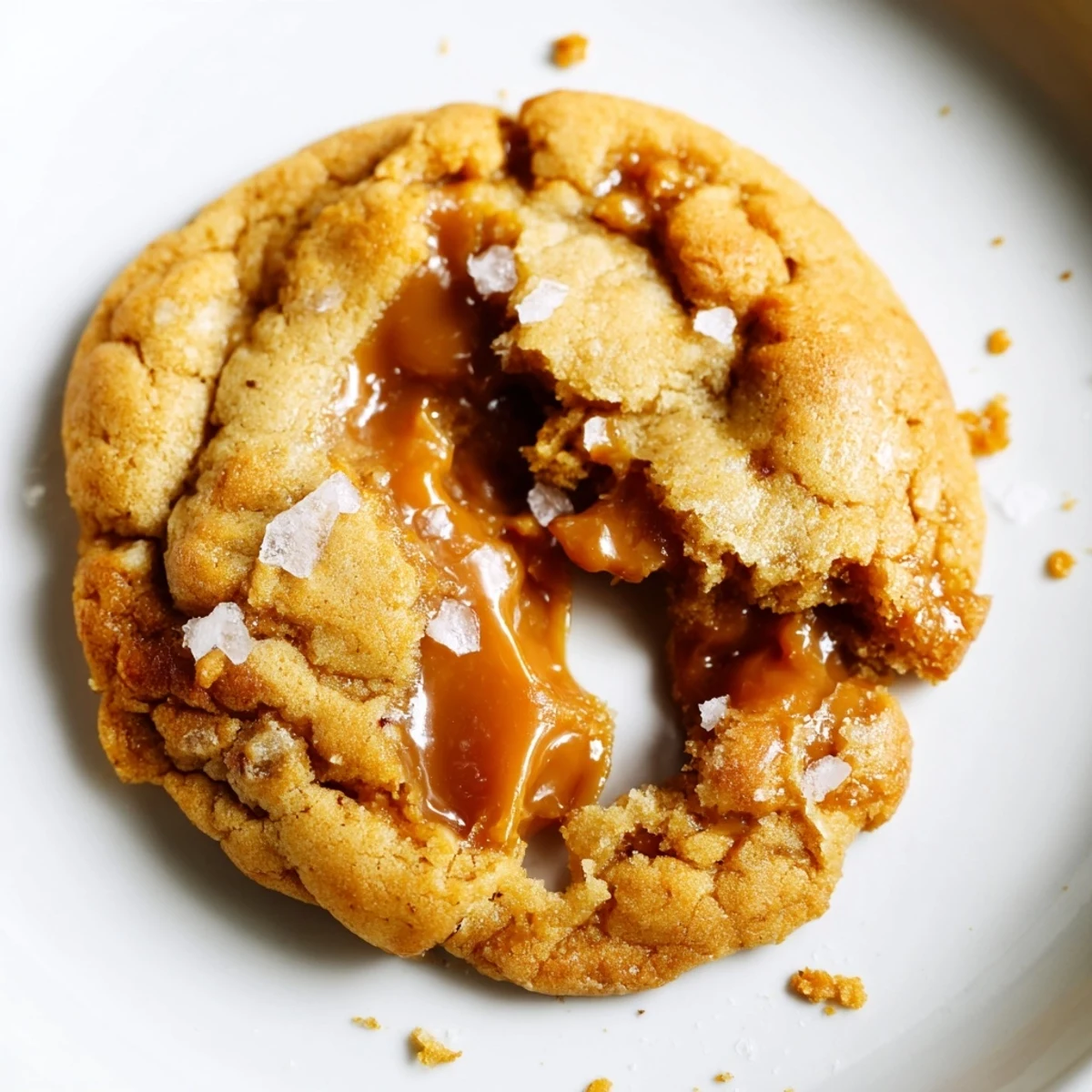 Stack of homemade sea salt caramel cookies showcasing soft texture and golden caramel chunks scattered throughout the dough