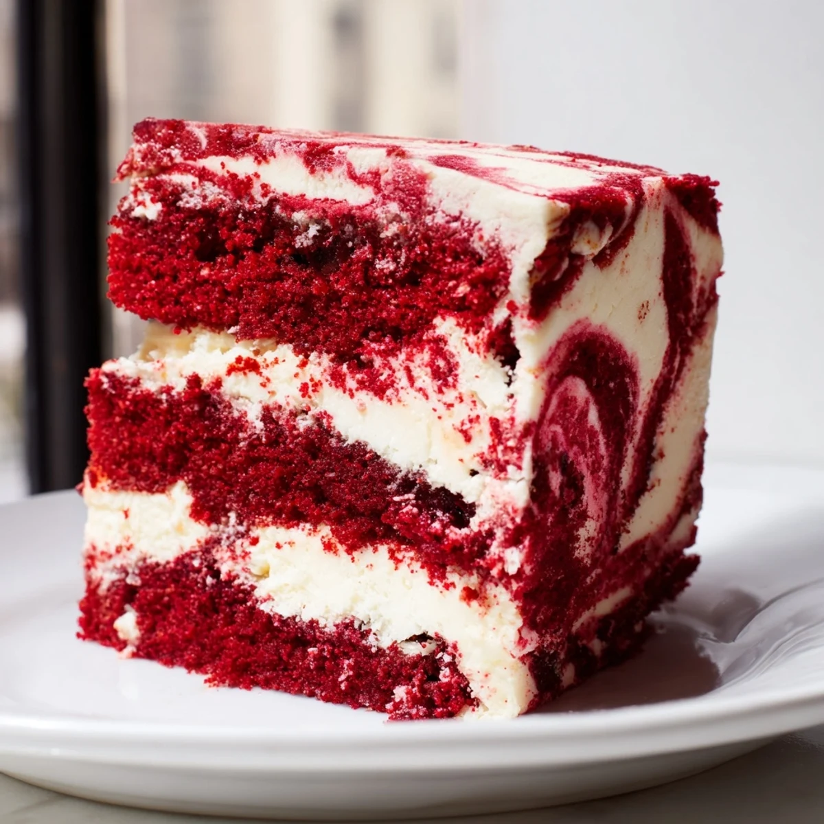 Moist red velvet cake with creamy cheesecake swirls baked to marbled perfection