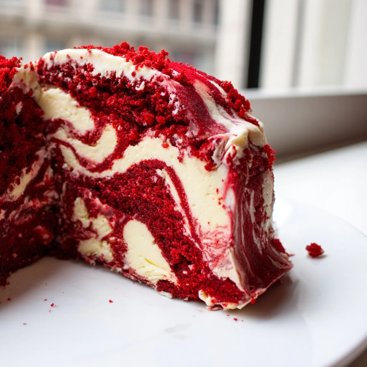 Rich red velvet cheesecake swirl cake topped with powdered sugar on a serving plate